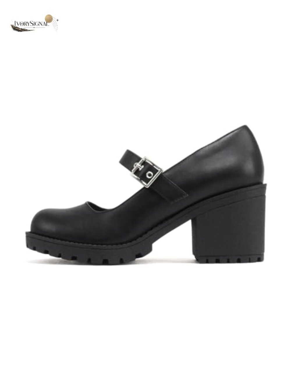 Women Mary Jane Mid Chunky Block Heel Lug Sole Pump with Adjustable Strap